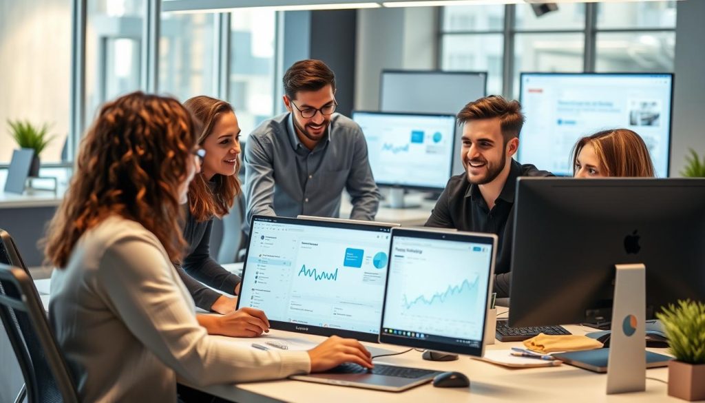 Digital marketing team working on Austrian business campaigns in a modern office Digital marketing team working on Austrian business campaigns in a modern office