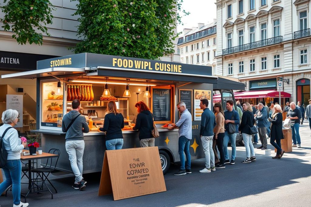 Food truck serving international cuisine in a busy Vienna street with customers Food truck serving international cuisine in a busy Vienna street with customers