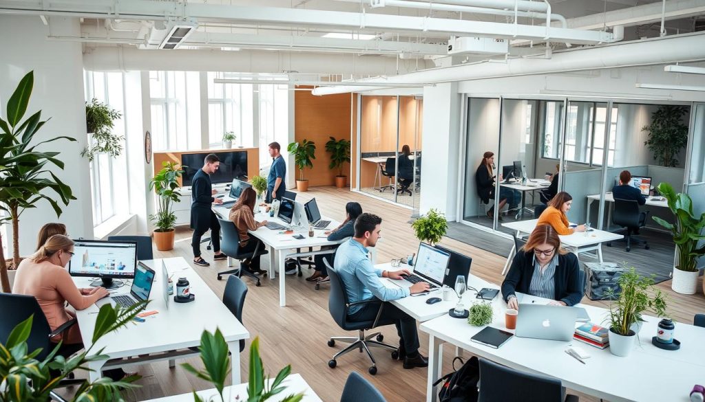 Modern co-working space in Vienna with diverse professionals working in collaborative environment Modern co-working space in Vienna with diverse professionals working in collaborative environment