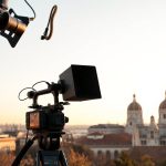Panoramic view of Vienna with film production equipment in foreground, ideal location to start a film production company in Austria