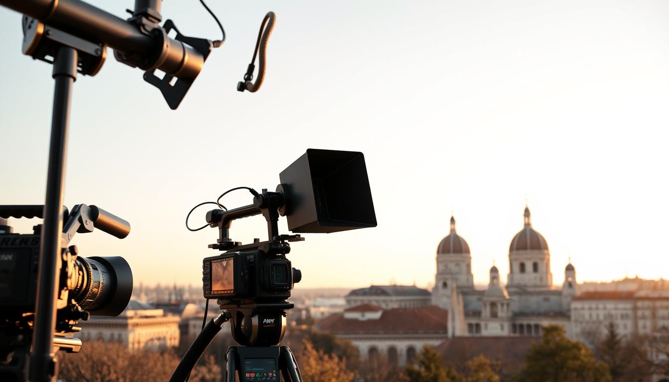 Panoramic view of Vienna with film production equipment in foreground, ideal location to start a film production company in Austria