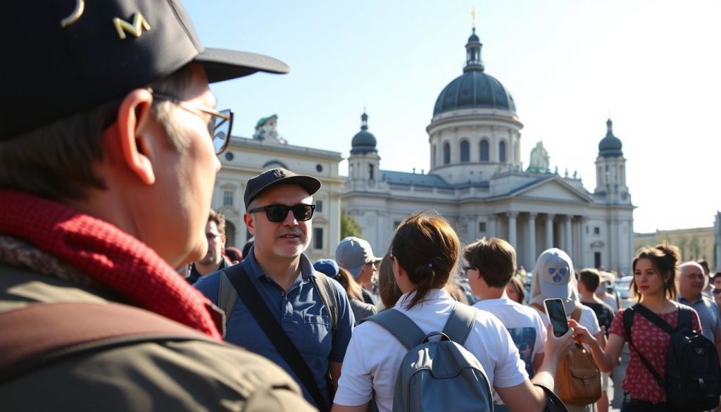 Tour guide explaining Austrian landmarks to a group of international tourists in Vienna Tour guide explaining Austrian landmarks to a group of international tourists in Vienna