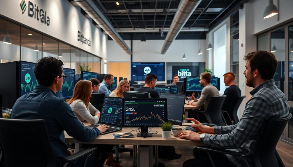Bitpanda's modern office in Vienna with team members collaborating