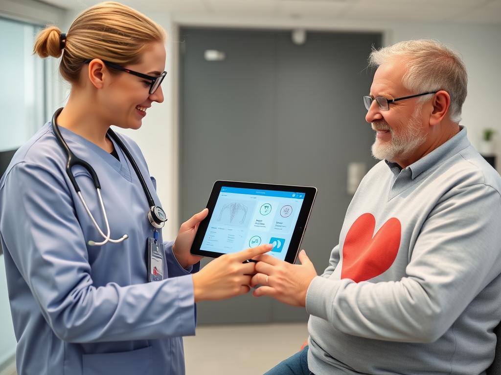 Digital health application being demonstrated on a tablet in an Austrian medical setting