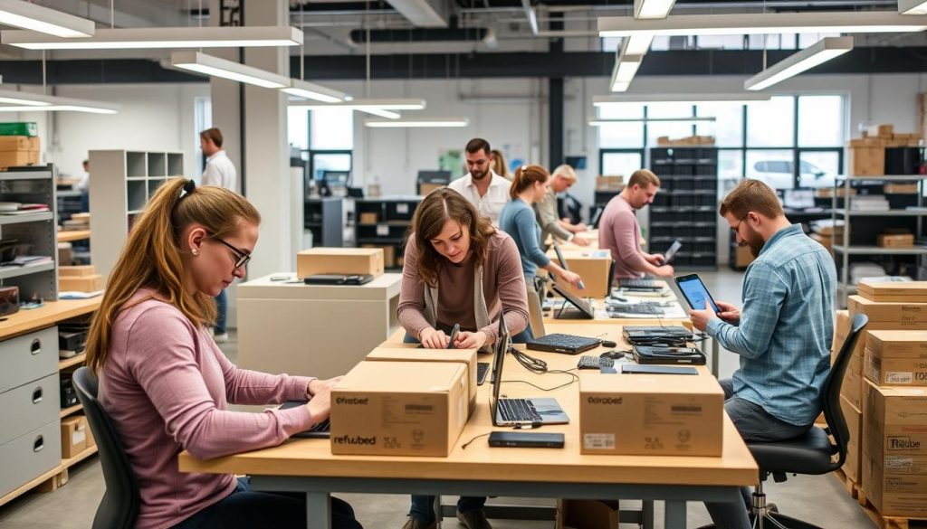 Refurbed team members inspecting refurbished electronics in their Vienna facility